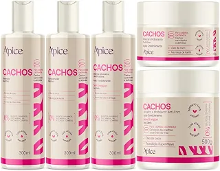 Apse Kit Completo 5 Itens Tratamento Cachos - Shampoo, Condicionador, Máscara, Ativador e Gelatina - Enrichecido com D Pantenol, Karité, Óleo de Coco e Aloe Vera - Para Cabelos Ondulados e Cacheados