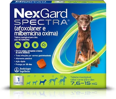 NexGard Spectra Antipulgas e Carrapatos e Vermífugo para Cães de 7,6 a 15kg - 1 tablete