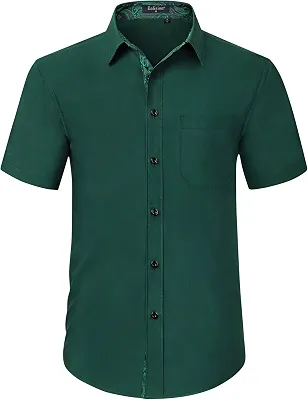 Camisa social masculina de manga curta, cor sólida, ajuste regular, casual, abotoada, com bolso
