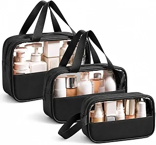 Kit 3 Necessaires Organizadoras Transparentes Impermeáveis – Bolsas para Maquiagem, Cosméticos e Higiene Pessoal, 3 Tamanhos com Alça e Zíper para Viagem, Academia, Trabalho