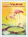 Brazil - Varig starts the Jet Age in Brazil - Pink Flamingos (Flamingo Rosados) - Varig Airlines - Pôster vintage de viagem aérea c. 1970 - Impressão de arte mestre (sem moldura) 23 cm x 30 cm
