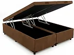 Cama Box Baú Casal Bipartido 69, Blindado, com Pistão a Gás, Pés de Madeira (Suede, Marrom)