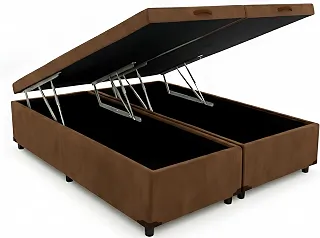 Cama Box Baú Casal Bipartido 69, Blindado, com Pistão a Gás, Pés de Madeira (Suede, Marrom)