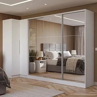 Guarda-roupa Modulado Neo + Guarda-roupa Royale 3 Portas de Correr de Espelho Branco Madesa