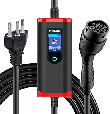 Carregador Para Carros Elétricos Portátil Inteligente Tipo 2 Bivolt 3,5kW Com Tela LED, Cabo 5m Com Ajuste de Corrente e Proteção IP65 – Compatível BYD, GWM, Nissan e Mais