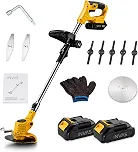 Roçadeira Elétrica Sem Fio 18V com 2 Baterias de Lítio, Aparador de Grama Portátil Recarregável, Motor 755 de Alta Velocidade 11500RPM, com Lâminas e Disco de Serra, Haste Ajustável e Dobrável