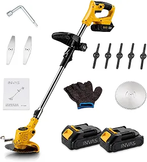 Roçadeira Elétrica Sem Fio 18V com 2 Baterias de Lítio, Aparador de Grama Portátil Recarregável, Motor 755 de Alta Velocidade 11500RPM, com Lâminas e Disco de Serra, Haste Ajustável e Dobrável