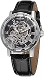 Relógio de pulso mecânico masculino moderno com mostrador transparente com design de esqueleto, pulseira de couro, relógio automático de corda manual