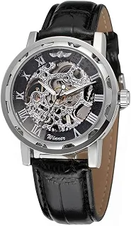 Relógio de pulso mecânico masculino moderno com mostrador transparente com design de esqueleto, pulseira de couro, relógio automático de corda manual