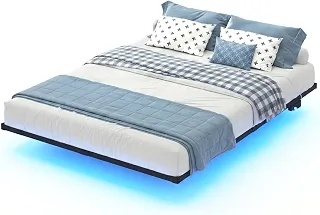 Estrutura De Cama De Metal, Cama Suspensa Casal, Com cintura de luz LED e Tomada, Suporta até 400KG, Design Moderno, Fácil de Montar, 190cm*140cm, preto