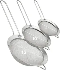 Kit com 3 Peneiras de Cozinha Inox com Alça – Tamanhos 8cm, 10cm e 12cm – Para Coar, Peneirar e Lavar Alimentos com Facilidade - Premium
