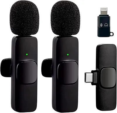 Kit Microfone de Lapela Profissional Sem Fio Altamente Sensivel Com 2 Entradas Almplamente Compativeis (Tipo C e IOS) Podcast, Youtubers, Influencer e TikTok Com Redução de Ruidos