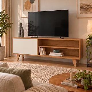 FULL Rack Sala de Estar 1 Portas e Nichos Para Armazenamento - Para TV até 50 Polegadas Pés Retrô em Madeira Maciça - Fox Cedro/Off