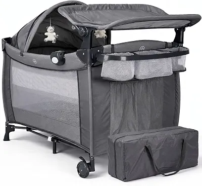 Berço de Bebê Portátil Zooper Baby Style Desmontável 2 Alturas com Trocador Mosquiteiro Móbile Central Eletrônica Som e Vibração até 18kg Dobrável Bolsa de Transporte e Rodinhas (Cinza)