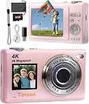 Câmera Digital,Fotográfica 48MP 4K,Câmera Compacta para Vlogs com Tela Dupla, Cartão de 32 GB, Zoom Digital de 16x e Estabilizador de Imagem, Ideal para Iniciantes (Rosa)
