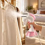 Vaporizador de Roupas Portátil 1200W - Com Escova para Tecidos — Remove Amassados e Odores em Minutos, para Casa e Viagem - Rosa
