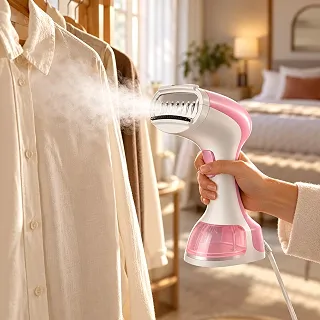 Vaporizador de Roupas Portátil 1200W - Com Escova para Tecidos — Remove Amassados e Odores em Minutos, para Casa e Viagem - Rosa