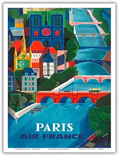 Pôster de viagem Pacifica Island Art Paris - França - The Seine River - Vintage Airline de Jean Vernier c.1953 - Impressão artística mestre, 9' x 12'
