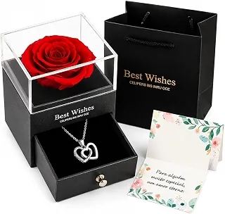 Kit Presente Rosa Eterna Com Colar Eu Te Amo 100 Idiomas Caixa De Luxo E Sacola