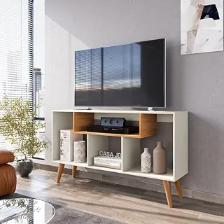 Rack Bancada Para Tv De Até 43 Polegadas Com Prateleira E Nichos Para Sala De Estar Casa Jd (Off White/Nature)