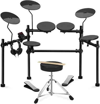 VEDO Bateria Eletrônica Portátil para Iniciantes com 4 Almofadas Silenciosas, 200 Sons, Banco Ajustável, Pedais Duplos e Fones de Ouvido - Kit Completo para Estúdio e Performances ao Vivo