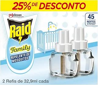 Raid Repelente Elétrico Líquido Family 45 Noites, 2 Refis de 32,9ml