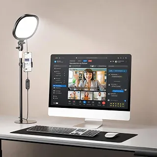 PQRQP Anel de luz para mesa, iluminação suave para chamadas de zoom e vídeo, luz de selfie com suporte e suporte de telefone, luz de webcam CRI 97+ para gravação, transmissão, escritório em casa
