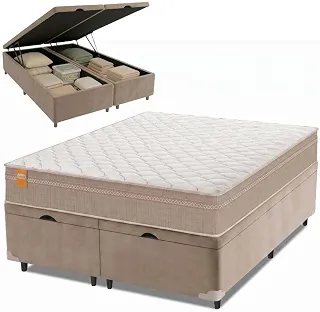 Cama Box Baú Casal Queen Colchão Molas Qatar 158x198x63cm Bege/Branco Inducol - Suporta Até 200 Kg Por Pessoa