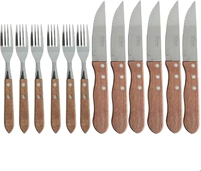 Jogo de Talheres Para Churrasco 12 Peças Jumbo Garfo Faca Aço Inox E Madeira luxo