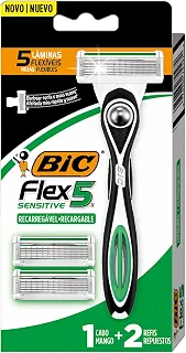 BIC, Barbeador, Flex 5 Sensitive Recarregável, 1 Cabo + 2 Refis