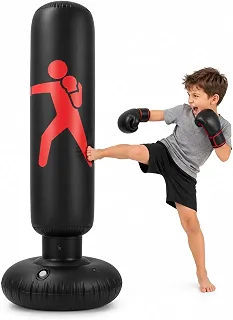 Saco de Boxe Inflável 1,60m em PVC para Piscina e Chão, Saco de Pancada para Socos e Chutes com Base para Água ou Areia, Equipamento para Treino e Exercícios