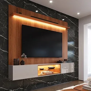 Painel com Rack Milano para Tv até 70' com Led, Nicho Iluminado e Portas Basculantes Jequitiba/off White