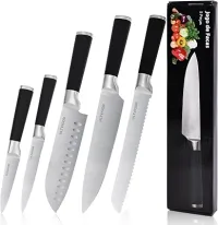 Conjunto de Facas 5 Peças, 4CR13 Aço Inoxidável Afiado e Durável, Cabo antiderrapante, Corte Preciso para Cozinhas Domésticas, Inclui Faca de Chef, Santoku (Preto)