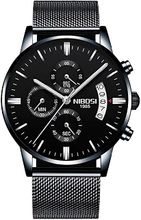 Relógio Nibosi Masculino 2309 Preto Aço Inoxidável Pulseira Mesh Cronógrafo Ponteiros Pequenos Funcionais Estojo Original Garantia