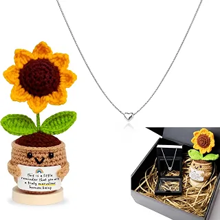 Kit Presente Feminino Colar em Aço Inox Pingente de Coração + Porta Joias em Caixa Luxo Elegante + Girassol em Crochê Crochet Pronto Presentear Delicado Aniversário Dia das Mães Natal Namorados