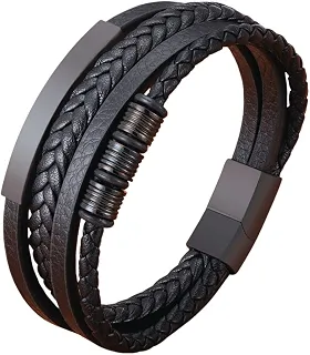 Pulseira Masculina de Couro 4 em 1 'Modern Style' – Couro Legítimo e Aço Cirúrgico 316L com Fecho Magnético – Cor Preta – Estilo Sofisticado e Versátil – Acompanha Bolsa de Veludo