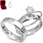 Aliança de Namoro Prata 4mm com Solitário ou Aliança de Casamento Dourada 3mm, Conjunto de 3 Anéis + Caixa de Veludo Presente dia dos Namorados
