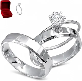 Aliança de Namoro Prata 4mm com Solitário ou Aliança de Casamento Dourada 3mm, Conjunto de 3 Anéis + Caixa de Veludo Presente dia dos Namorados