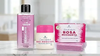 Kit Água Micelar, Sabonete e Creme Clareador Rosa Mosqueta com Niacinamida