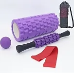 Kit ioga Rolo de Liberação Miofascial, 5 Em 1 Rolo Massagem Liberação Miofascial com Bastão, Rolinho, Faixa de Alongamento, 2 Bolas de Massagem e Sacola de Transporte (Roxo)