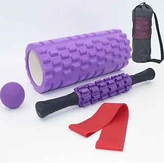 Kit ioga Rolo de Liberação Miofascial, 5 Em 1 Rolo Massagem Liberação Miofascial com Bastão, Rolinho, Faixa de Alongamento, 2 Bolas de Massagem e Sacola de Transporte (Roxo)