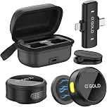 Kit 2 Microfones de Lapela Gold Profissional, Sem Fio, Case de Carregamento, Bluetooth, Cancelamento de Ruído,12h Tempo de Trabalho, Compatível com Camera, iPhone, Android, USB-C e Lightning