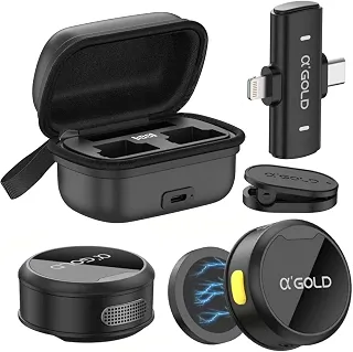 Kit 2 Microfones de Lapela Gold Profissional, Sem Fio, Case de Carregamento, Bluetooth, Cancelamento de Ruído,12h Tempo de Trabalho, Compatível com Camera, iPhone, Android, USB-C e Lightning