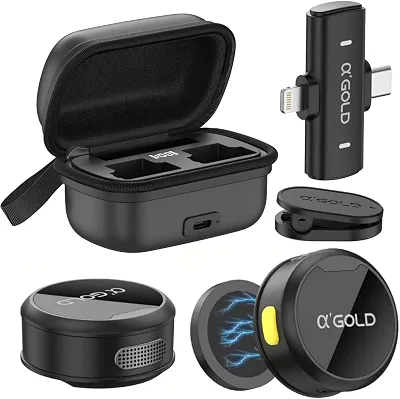 Kit 2 Microfones de Lapela aGold - Profissional - Com Imã Sem Fio + Case de Carregamento - Bluetooth - Redução de Ruído Até 12 Horas Autonomia a Compatível com Camera, iPhone, Android e USB-C.