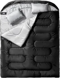 MEREZA Saco de dormir duplo para adultos e homens, com travesseiro, tamanho Queen, saco de dormir para duas pessoas para todas as estações, acampamento, caminhada, mochilão, sacos de dormir para 2