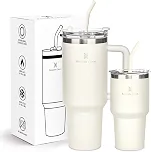Kit Copos Térmicos 1,18L + 591ml com Canudo, Tampa e Alça, Creme