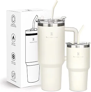 Kit Copos Térmicos 1,18L + 591ml com Canudo, Tampa e Alça, Creme