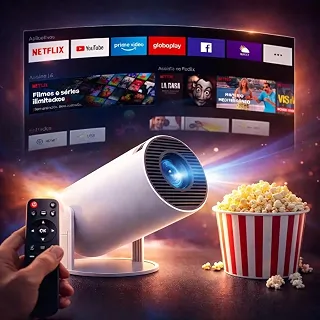 Mini Projetor Portátil HY300 Smart Android Wi-Fi 5G Bluetooth | Suporte 4K, Full HD 1080P, Rotação 180°, HDMI USB para Filmes, Séries, Games e Apresentações
