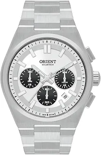 Relógio Masculino Cronógrafo Solar 43mm Caixa e Pulseira Aço Inoxidável Mostrador Branco Vidro Mineral 10 ATM Calendário e Ponteiro 24h