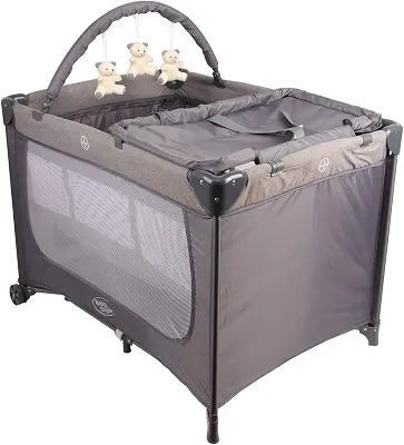 Berço Portátil Infantil Joly Baby Style com Mosquiteiro, Barra de Brinquedos, Trocador e Bolsa - Seguro, Confortável e Compacto INMETRO (Cinza)